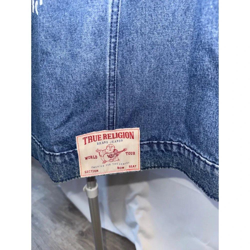 True Religion Mens Denim Trucker Jacket Blue Red Horseshoe Logo World Tour siz M